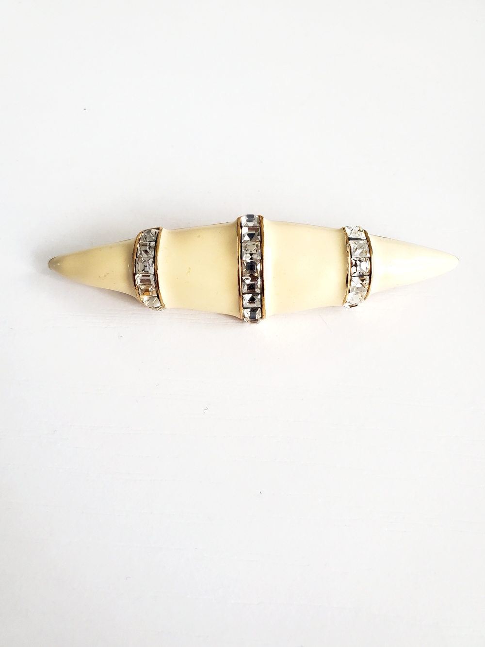 Oscar de la Renta Cream and Rhinestone Bar Brooch - Vintage
